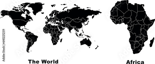 World map and Africa map vector illustration, monochrome, flat style. Detailed depiction of continents, countries. clear country borders. Ideal for educational, informational content, travel
