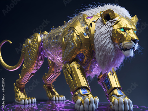 Robot lion made of gold and diamonds. AI generated. photo