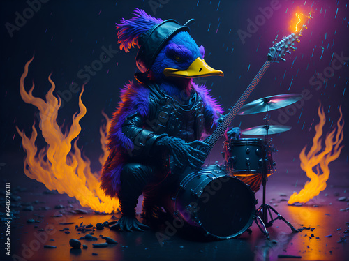 duck musician plays on the street at night. AI generated. photo