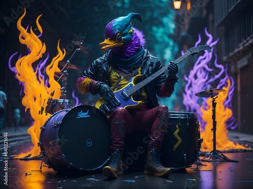 duck musician plays on the street at night. AI generated. photo