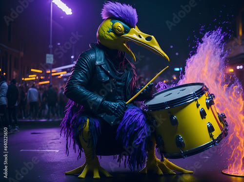 duck musician plays on the street at night. AI generated. photo