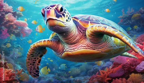 Marine Symphony  Colorful Realistic Illustrations Showcasing Tortoises in their Element  Generative AI