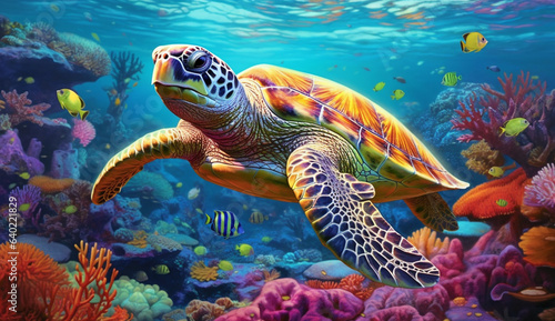Vibrant Aquatic Realism  Illustrations of Turtles Thriving in Colorful Ocean Depths  Generative AI