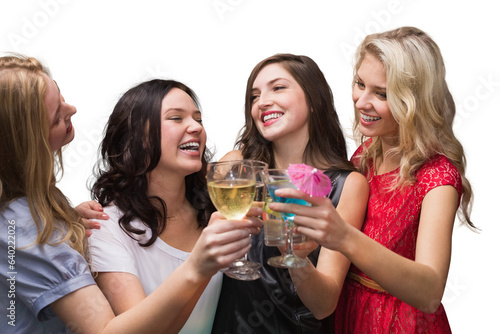 Digital png photo of smiling caucasian women holding drinks on transparent background