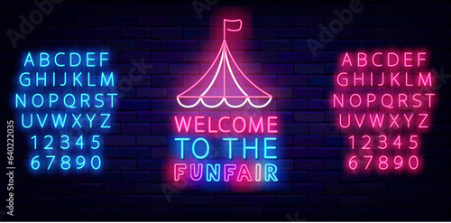 Welcome to the funfair neon label. Big top tent with colorful text on brick wall. Circus sign. Vector stock illustration