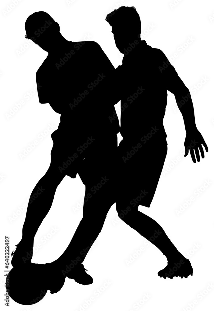 Digital png silhouette of two men kichking ball on transparent background