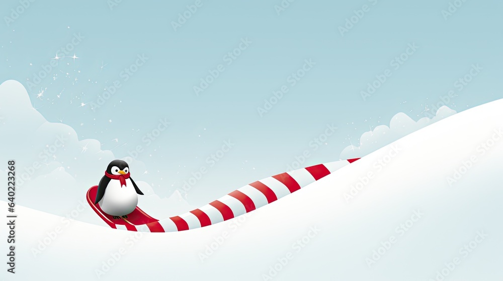 Penguin sliding down a snowy hill on a candy cane sled, looking ...