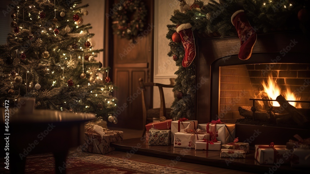 classic christmas  living room interior with a fireplace, christmas stockings, beautifully decorated Christmas tree with wrapped presents undernea