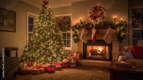 classic living room interior with a fireplace, christmas stockings, beautifully decorated Christmas tree with wrapped presents underneath photo