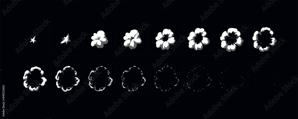 Smoke explosion animation. Dust animated sprite sheet. 2d cartoon effects.