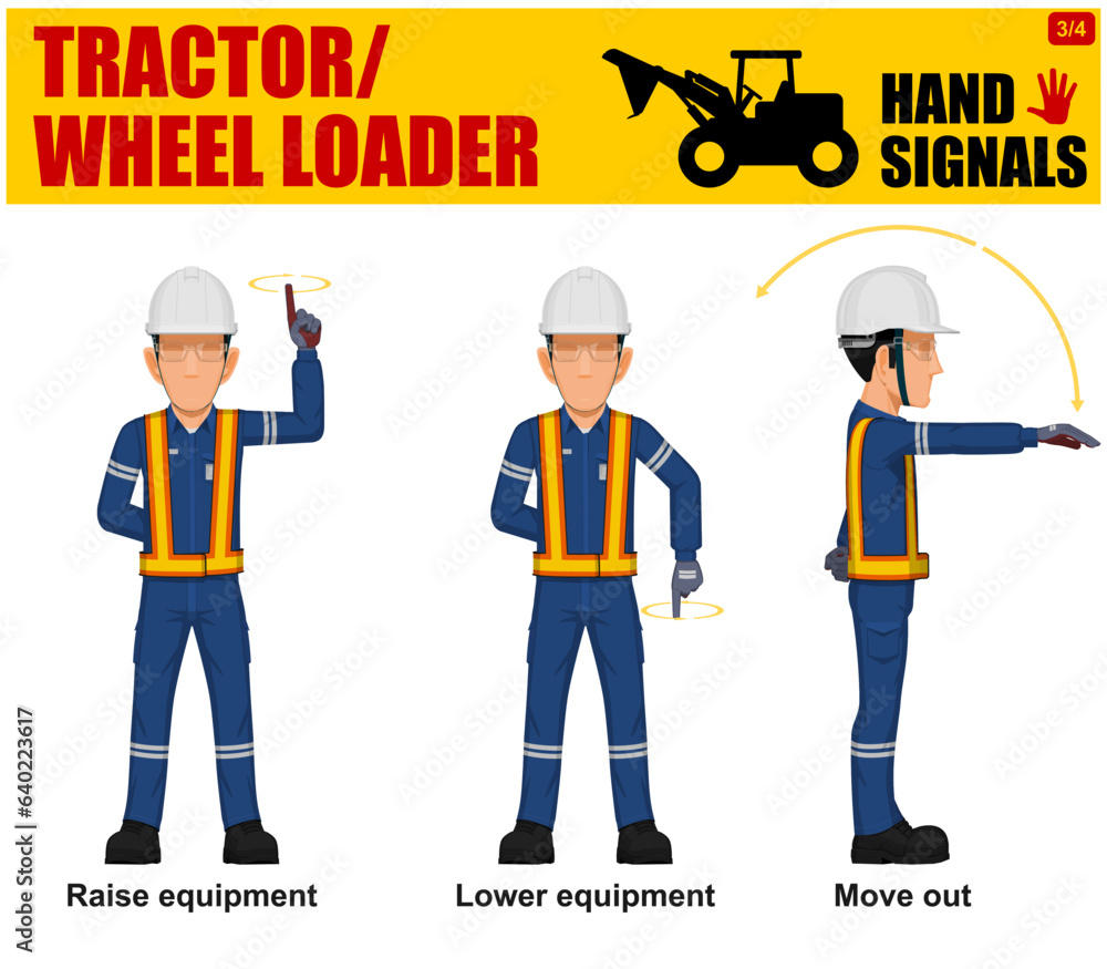 Set of worker present Tractor/WHeel loader hand signal on white