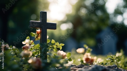 Catholic cemetery with a grave marker and cross engraved on it against blurred background.