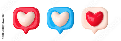 3d like heart icon. Set of hearts in speech bubble notification.Social media like message isolated on white background. Vector cartoon illustration