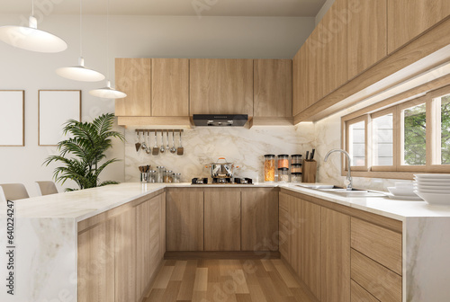 Modern luxury contemporary style u shape kitchen counter design idea 3d render there are wooden cabinet with white marble top and long wooden window with nature view