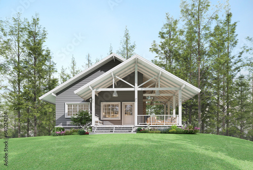 Fototapeta Naklejka Na Ścianę i Meble -  Modern luxury american farmhouse style small house exterior on hillside with green lawn, 3d render with gray plank walls and showing white roof structure surrounded by pine forest.