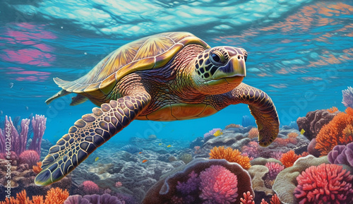 Tropical Palette: Vivid Realistic Illustrations of Tortoises Flourishing Underwater, Generative AI