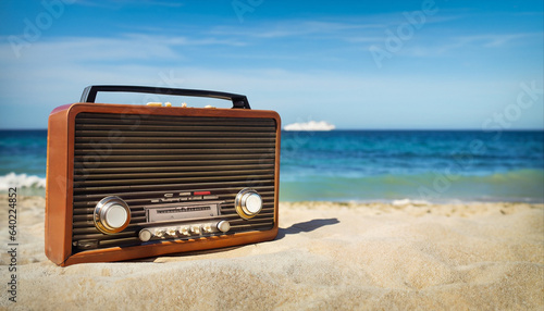 Retro radio on the beach, oceanfront, bright sunshine