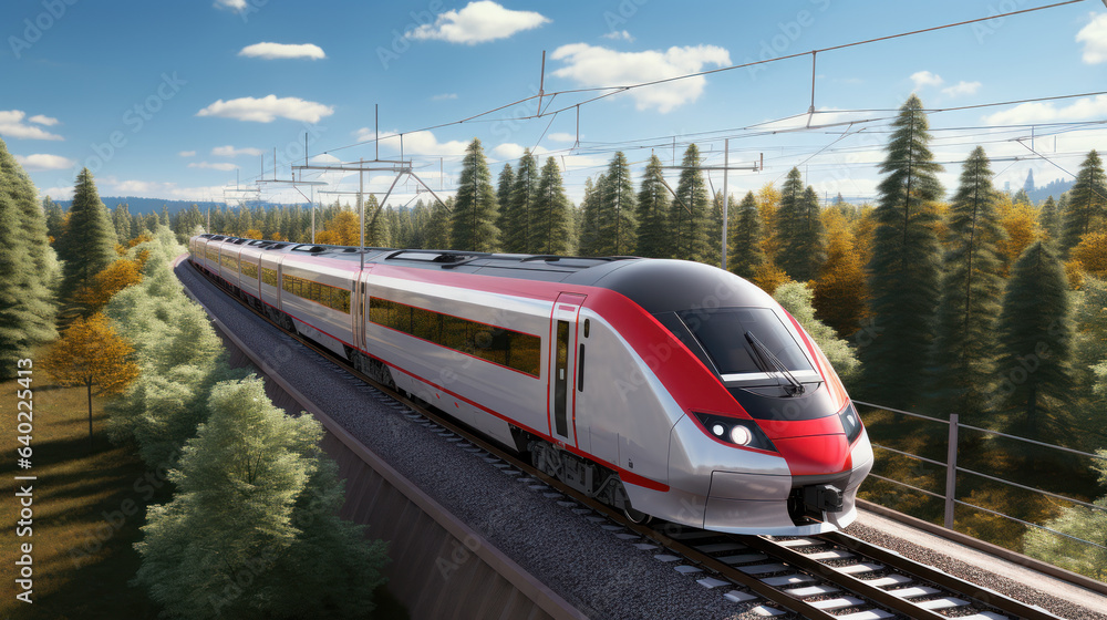 Fototapeta premium Modern passenger transportation, locomotive with wagons for passengers