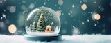 Glass Snowball with trees. Xmas winter Glass snow globe. Horizontal Christmas banner, web poster, header cap for website. Merry Christmas, Happy New Year. Festive beautiful background. generative ai