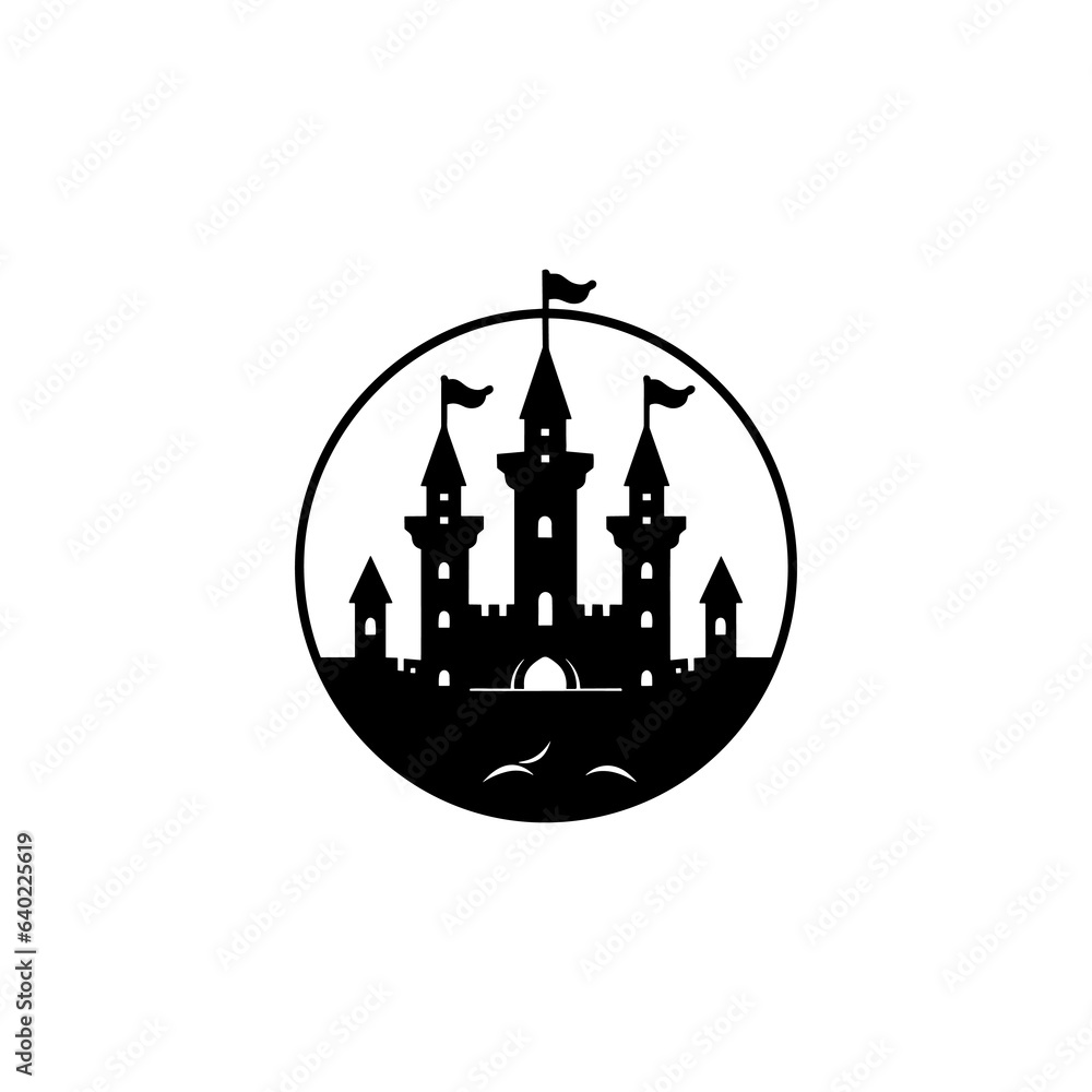 Abstract Vector Castle Template. Fortress symbol. Kingdom icon. Tower Silhouette with Flag.