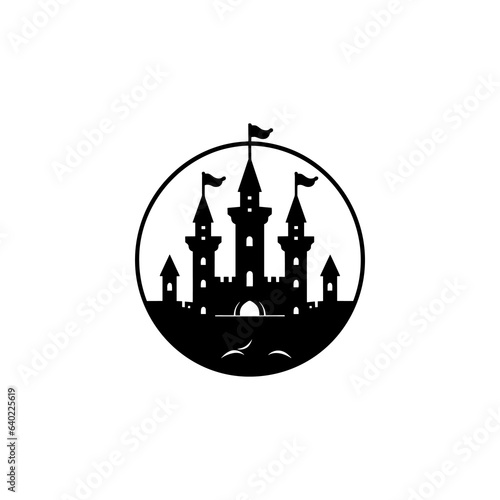 Abstract Vector Castle Template. Fortress symbol. Kingdom icon. Tower Silhouette with Flag.