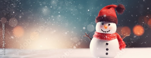 Happy winter snowman in a hat. Horizontal Christmas banner, web poster, header cap for website. Merry Christmas and Happy New Year. Festive bright beautiful background. generative ai © megavectors