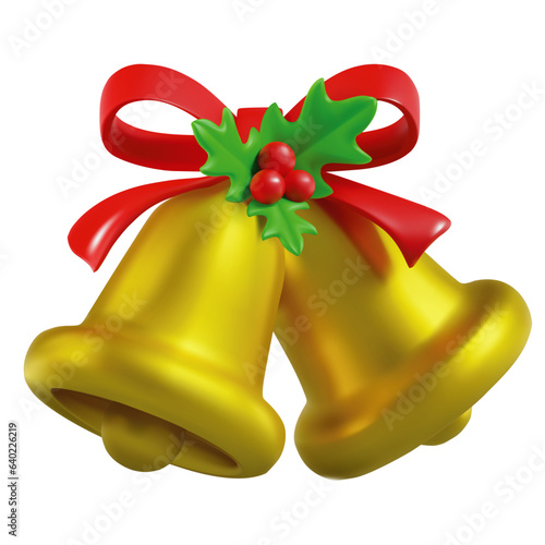 Render of golden bells with holly. Decoration icon for christmas and new year Vector 3d illustration on isolated white background