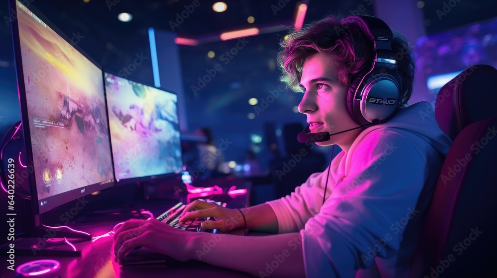 Young male gamer immersing himself in a pc gaming session with a headset- generative AI, fiction Person Young male gamer immersing himself in a pc gaming session with a headset- generative AI, fiction Person