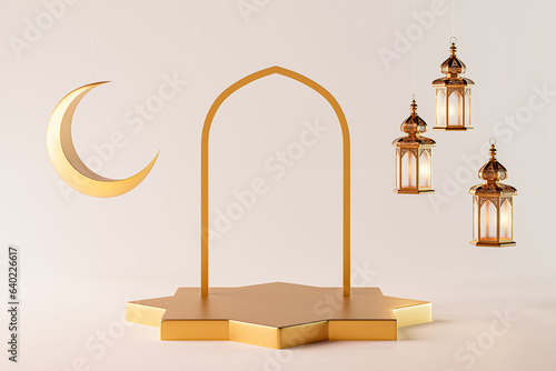 3d render of isolated Islamic background with ramadan lantern, crescent and golden pedestal. Mockup for greeting cards for ramadan kareem, mawlid, iftar, isra miraj, eid al fitr adha and muharram