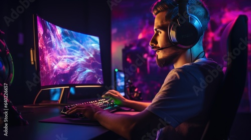 Young male gamer immersing himself in a pc gaming session with a headset- generative AI, fiction Person