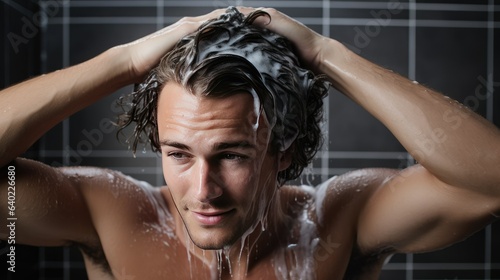 Young man massaging his scalp as he applies shampoo to his hair- generative AI, fiction Person