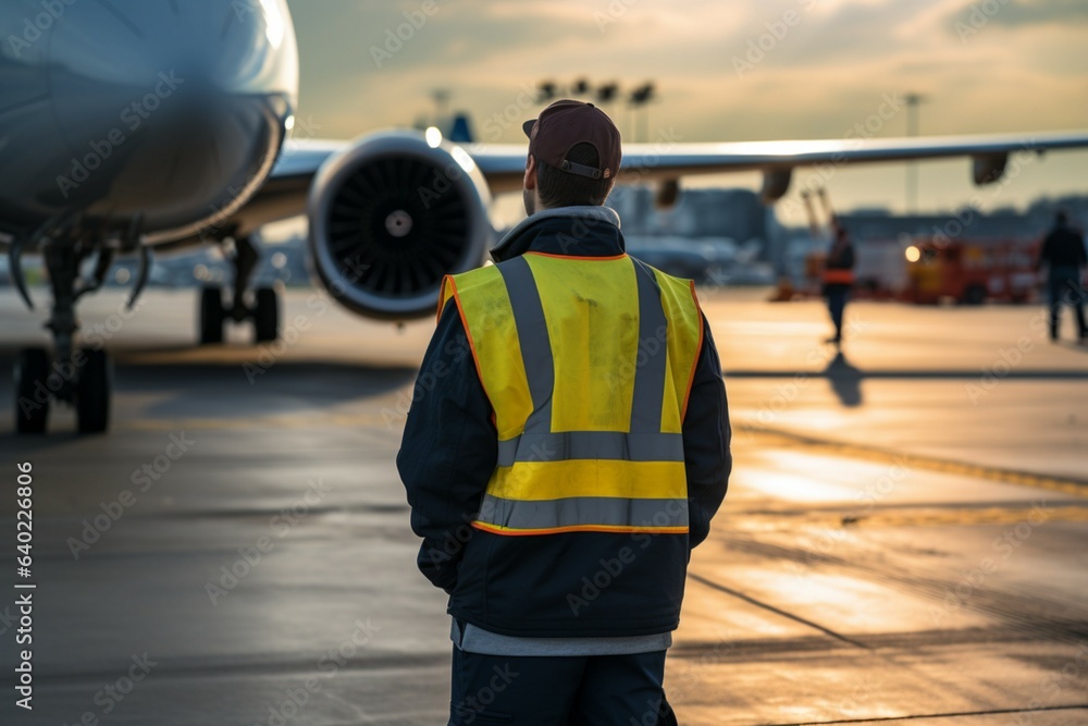 Back view: Aircraft maintenance supervisor heads to parked airliner on landing field.