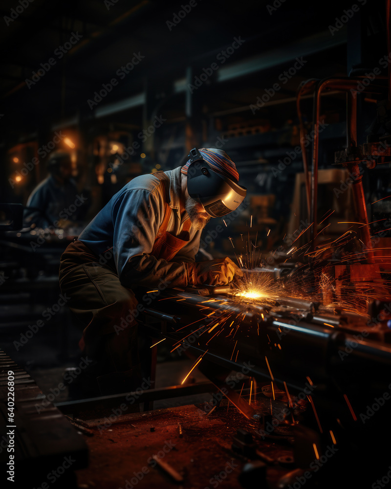 Welding work in a factory, a male welder welds steel Welding work in a factory, a male welder welds steel