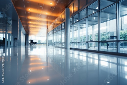 Blurred abstract interior: Glass entrance doors frame an empty office lobby scene.