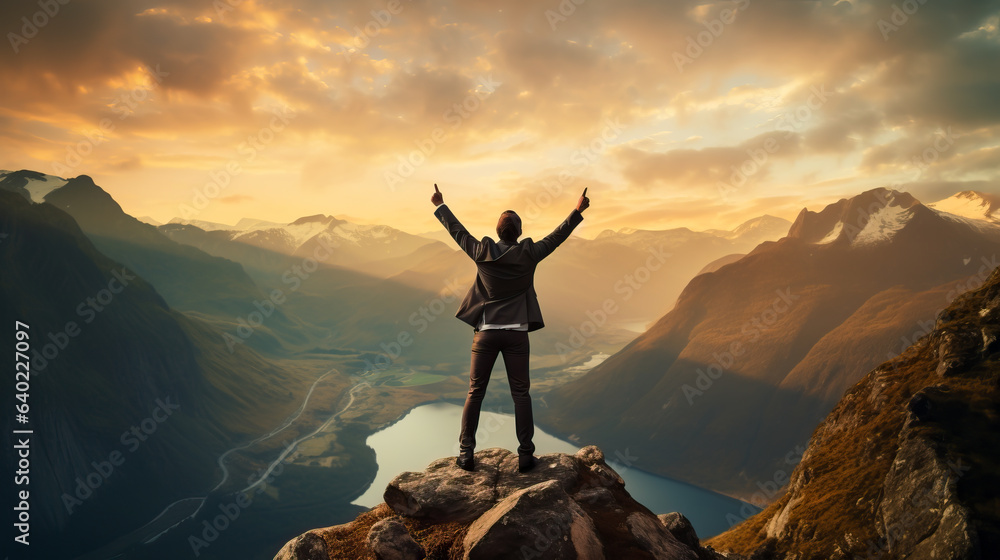 Business man in a suit on a mountain top with his arms raised in triumph. Concept of coaching, reaching career goals and succeeding in business life. Shallow field of view. - obrazy, fototapety, plakaty 