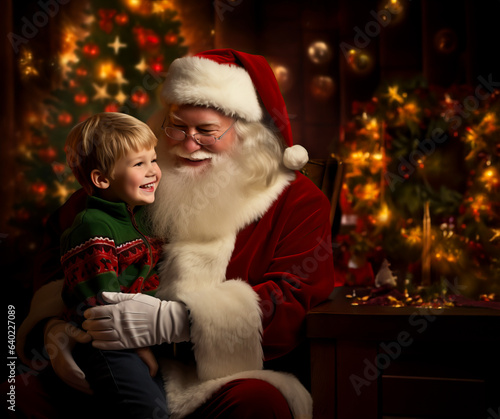 Santa Claus with a cute child on his lap, taking notes of Christmas wishes while sitting in his chair. Copy space and shallow field of view.  photo
