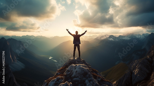 Business man in a suit on a mountain top with his arms raised in triumph. Concept of coaching, reaching career goals and succeeding in business life. Shallow field of view. © henjon