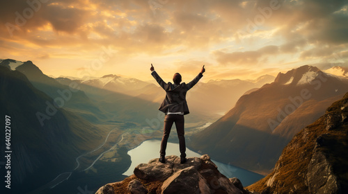 Business man in a suit on a mountain top with his arms raised in triumph. Concept of coaching, reaching career goals and succeeding in business life. Shallow field of view.