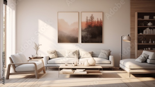 Stylish Scandinavian style interior design of modern living room with two frames above white cozy sofa with pillows. Two chair with table and natural light.