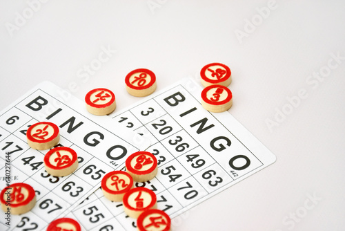 Many wooden chips with numbers and cards for a board game of bingo or lotto on a light background. © iama_sing