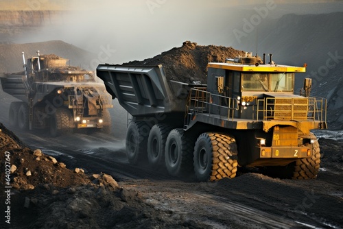 Dynamic coal mine: Heavy trucks, excavators epitomize thriving mining industry landscape.