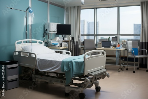Empty hospital room features sole bed, devoid of occupants or activity.