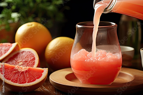 person pouring grapefruit juice into glass, generative ai photo