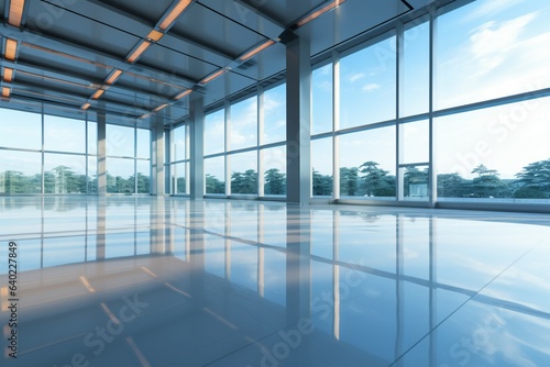 Focused on glass doors: Abstract backdrop shows empty office lobby through curtain wall.