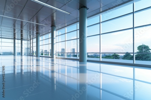 Focused on glass doors: Abstract backdrop shows empty office lobby through curtain wall.