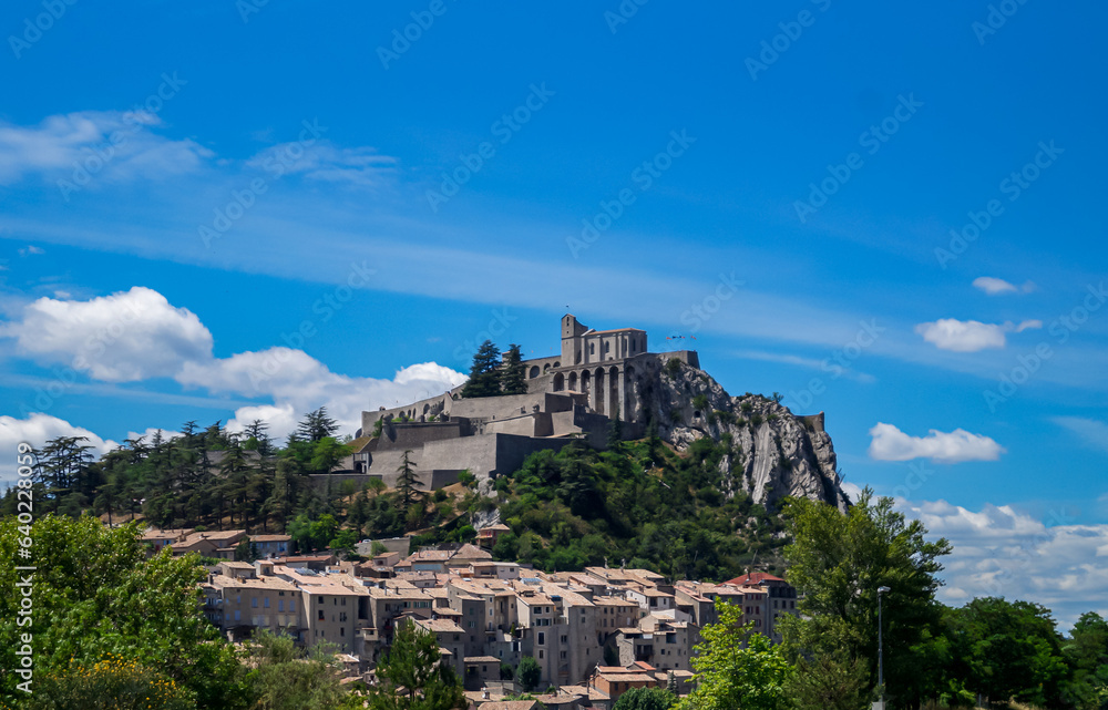 Scenic view of Citadelle de Sisteron (citadel of sisteron) andits fortifications in summer time in Alpes de Haute Provence, Southern Alps, France, Europe. Fortress in Provence-Alpes-Cote d'Azur