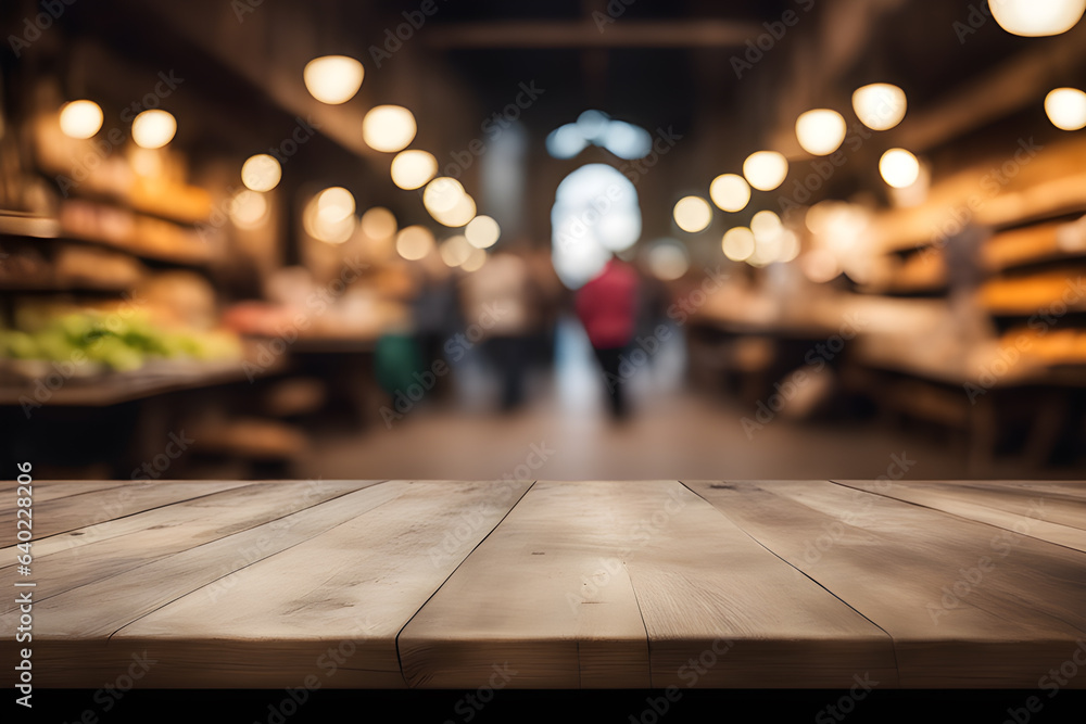 Blurred image of a shopping mall with wooden tables placed to display your products. Blurred image of a shopping mall with wooden tables placed to display your products.
