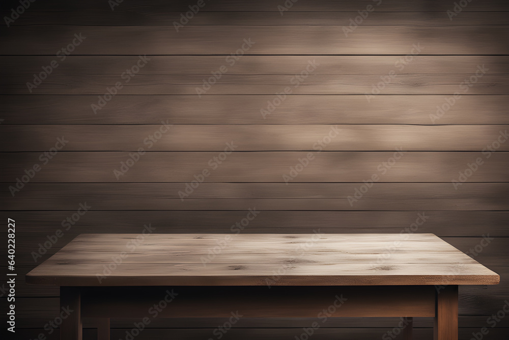 Behind natural wood wall with a wooden table to display your products Behind natural wood wall with a wooden table to display your products
