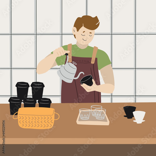 Barista making coffee in a cozy cafe interior vector illustration. Men worker with cups preparing cappuccino, filter, espresso. Flat graphic vector illustration