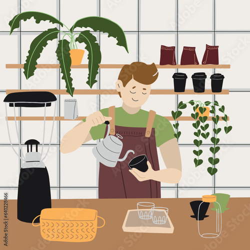 Barista making coffee in a cozy cafe interior vector illustration. Men worker with cups preparing cappuccino, filter, espresso. Flat graphic vector illustration